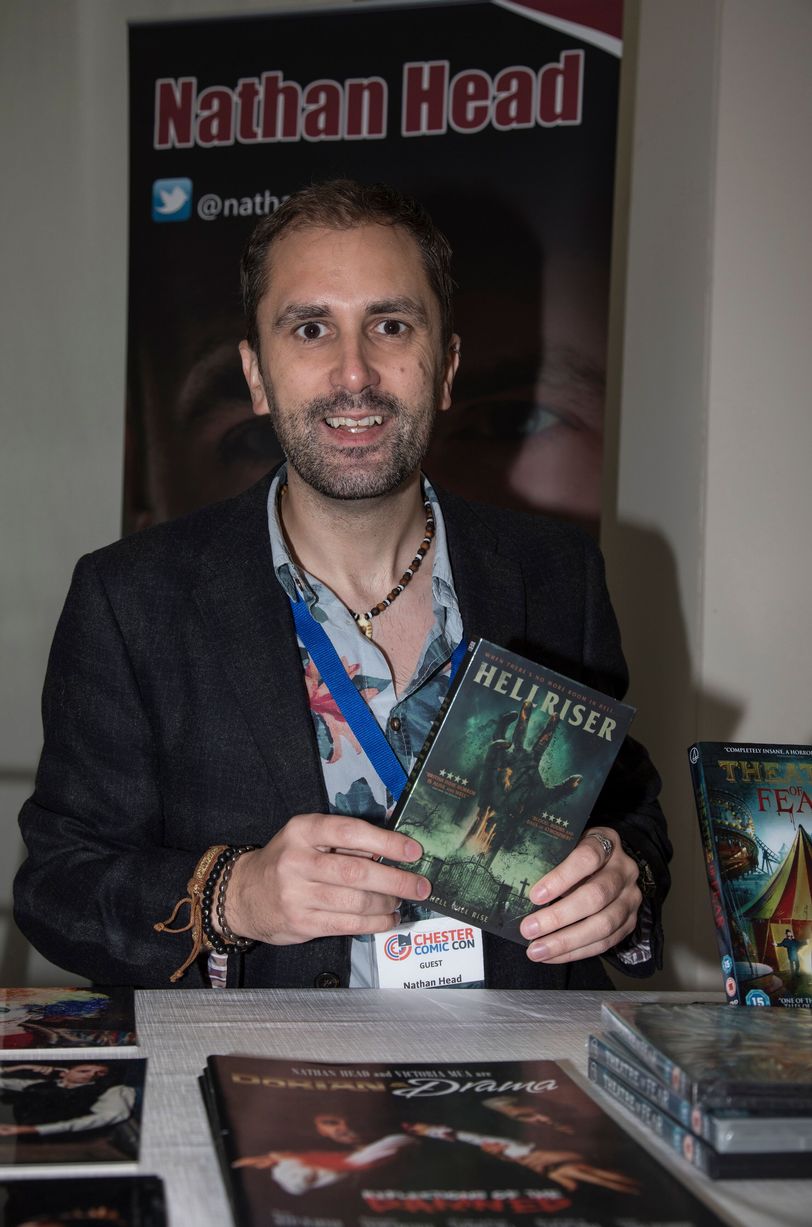 actor Nathan Head signing copies of Hellriser at Chester Comic Con 2018